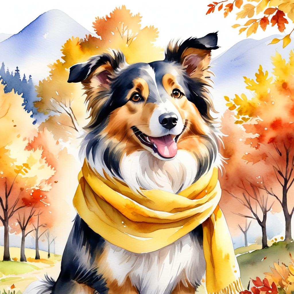 watercolor painting of collie in autumn, wearing a yellow scarf, vibrant and detailed.