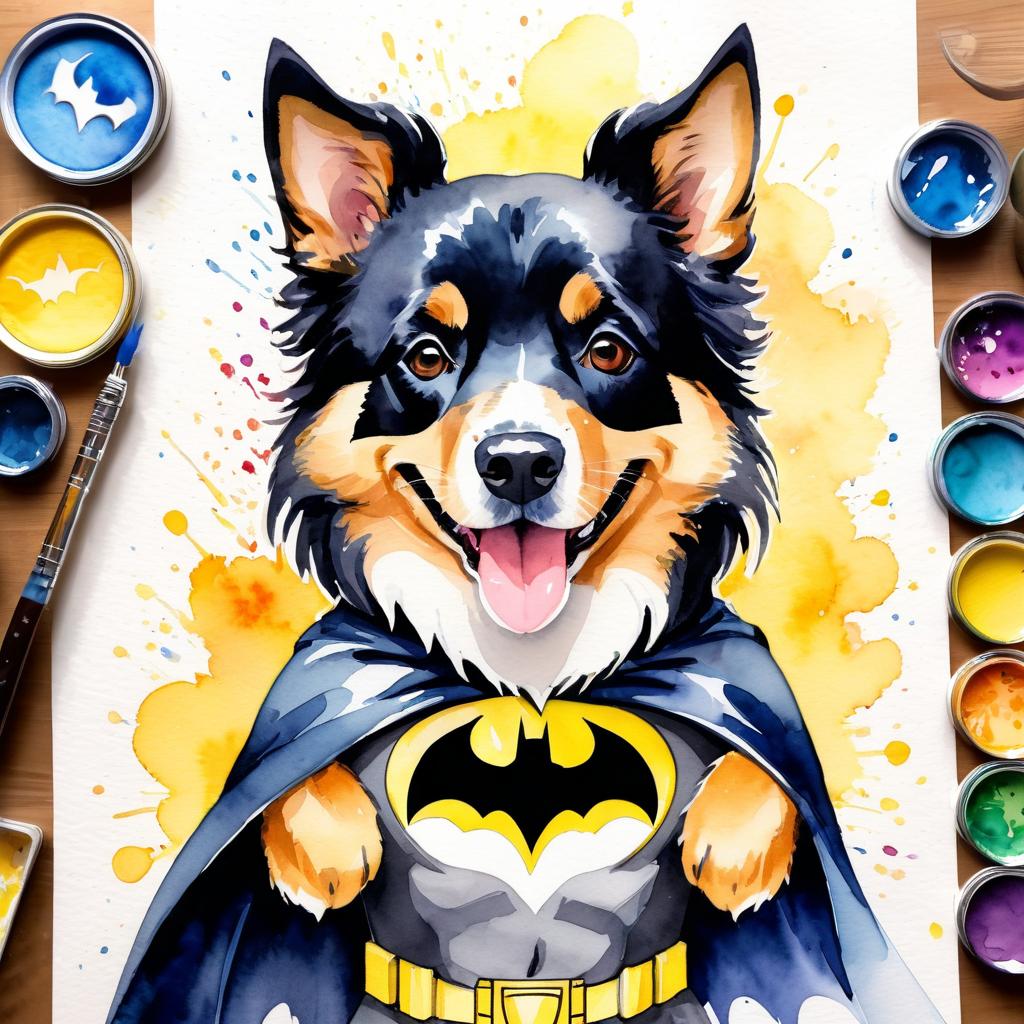 watercolor painting of collie as batman, wearing batman suit and mask, vibrant and detailed.