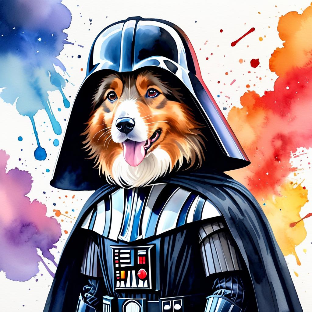 watercolor painting of collie as darth vader from star wars, dressed as darth vader in a vibrant star wars scene.