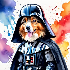 watercolor painting of collie as darth vader from star wars, dressed as darth vader in a vibrant star wars scene.