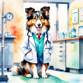 watercolor painting of collie as a doctor in a hospital, vibrant and highly detailed, in a studio anime style.