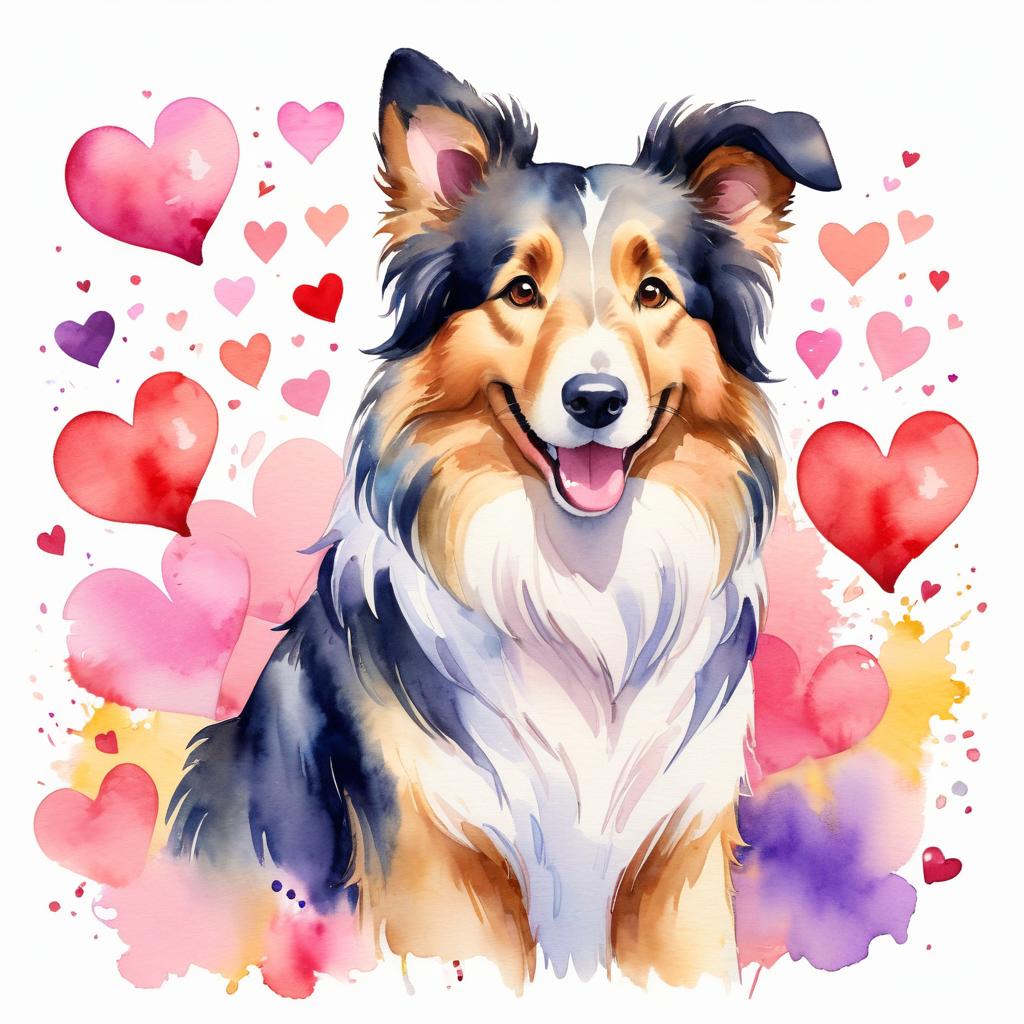 watercolor painting of collie with hearts, capturing a lovely, cute, and happy expression in vibrant, detailed style.