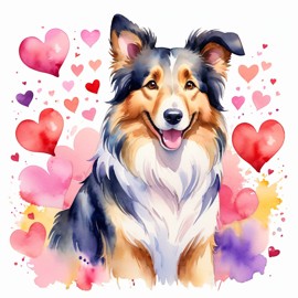 watercolor painting of collie with hearts, capturing a lovely, cute, and happy expression in vibrant, detailed style.