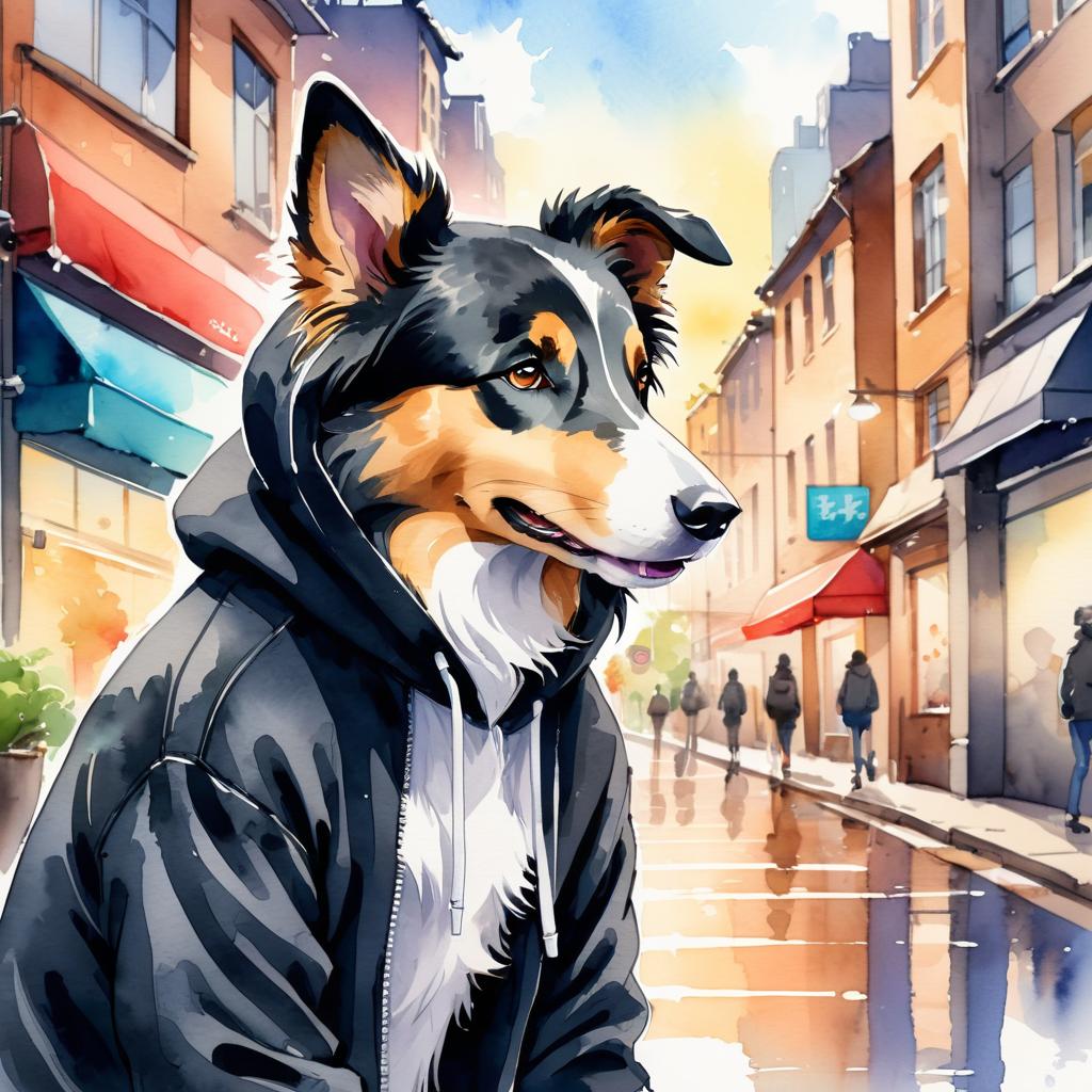 watercolor painting of collie in a black hoodie, showcasing a vibrant urban environment with a cute and happy appearance.