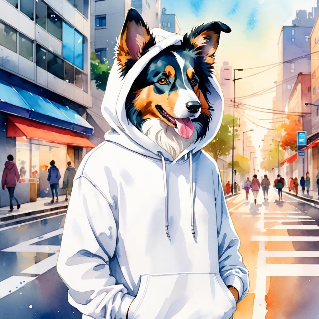 watercolor painting of collie in a white hoodie, featuring a vibrant and detailed urban scene with a happy and cute look.