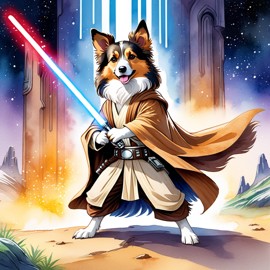 watercolor painting of collie as a jedi knight, holding a lightsaber with a star wars backdrop in a vibrant, detailed style.