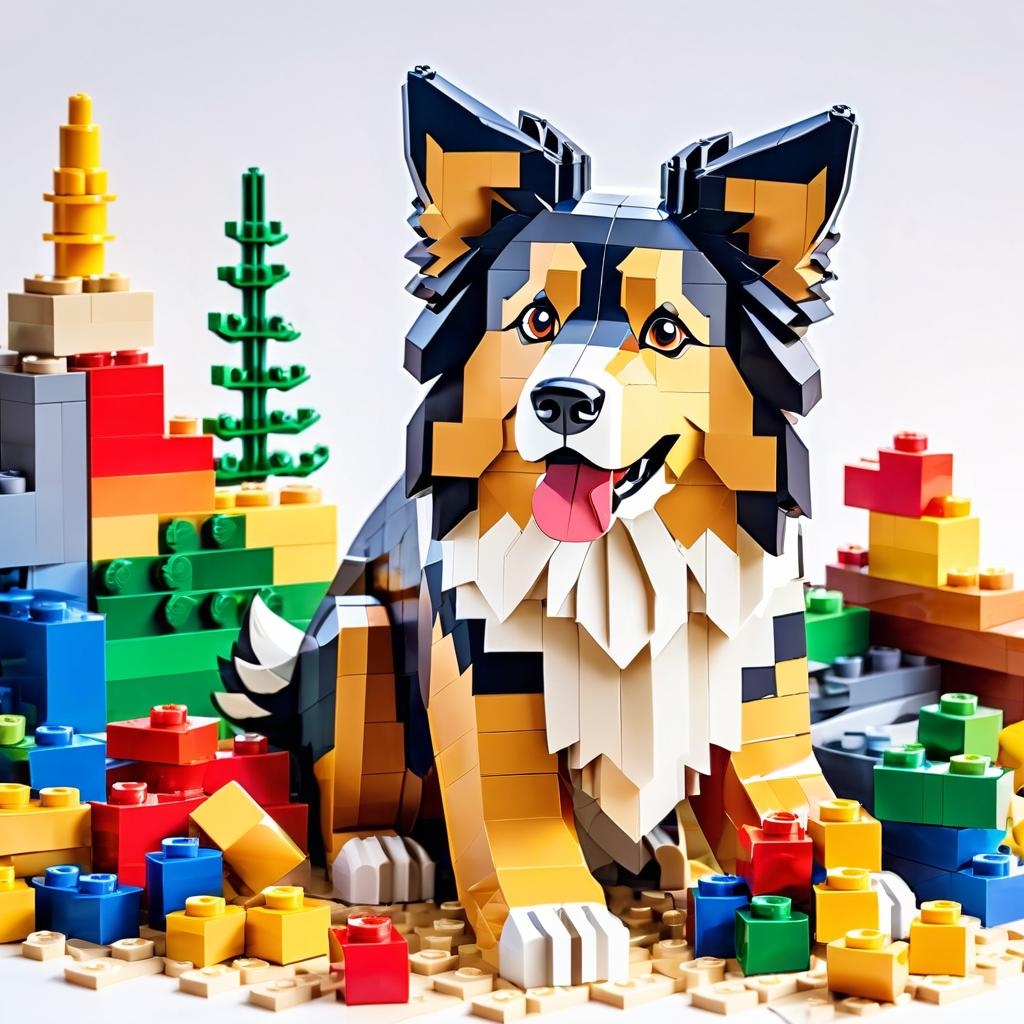 watercolor painting of collie as lego bricks, vibrant and detailed in a playful lego environment.