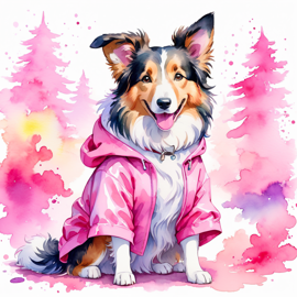 watercolor illustration of collie in pink clothing, set in a beautiful pink scene, looking happy and vibrant.