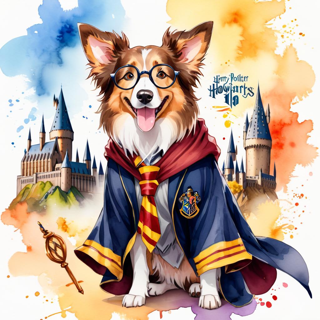 watercolor painting of collie as harry potter, complete with glasses and hogwarts backdrop, highlighting a vibrant and magical scene.