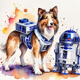 watercolor painting of collie as r2d2 from star wars, dressed as r2d2 in a vibrant star wars scene.