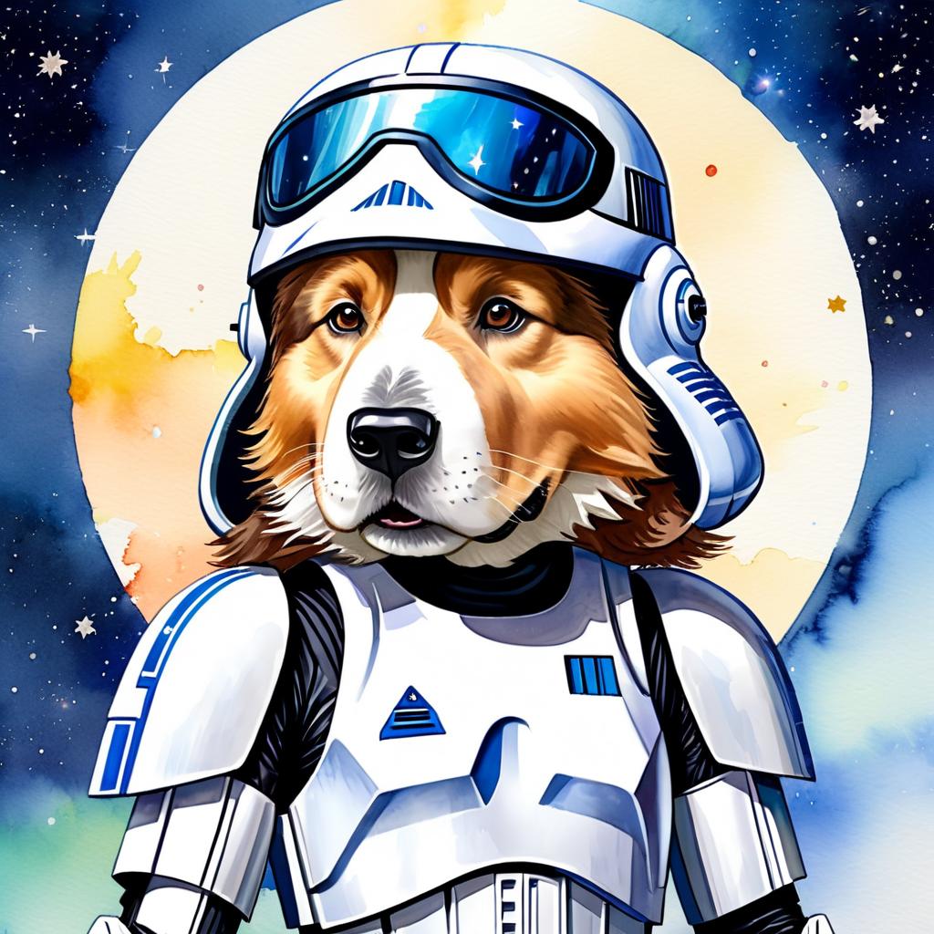 watercolor painting of collie as stormtrooper from star wars, dressed as a stormtrooper in a vibrant star wars scene.