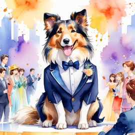 watercolor painting of collie in a classy suit on a fashion stage, capturing elegance and charm in a vibrant, highly detailed illustration.