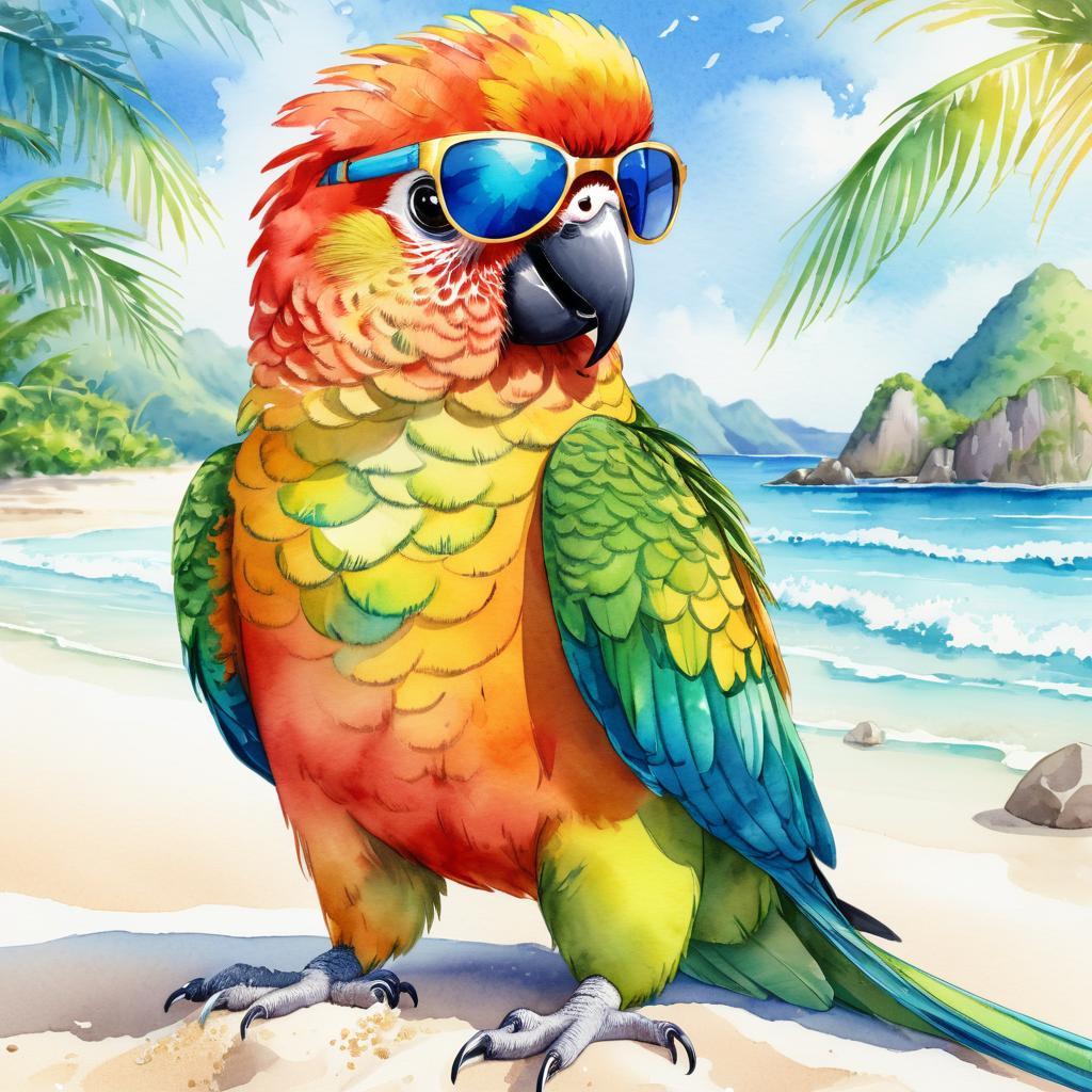 watercolor painting of conure bird on a beach with white sand and blue sea, wearing sunglasses.