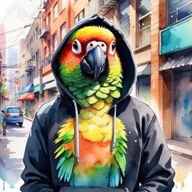 watercolor painting of conure bird in a black hoodie, showcasing a vibrant urban environment with a cute and happy appearance.