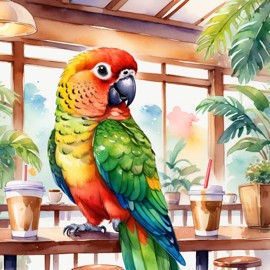 watercolor painting of conure bird sitting in a cozy coffee shop, vibrant and detailed.