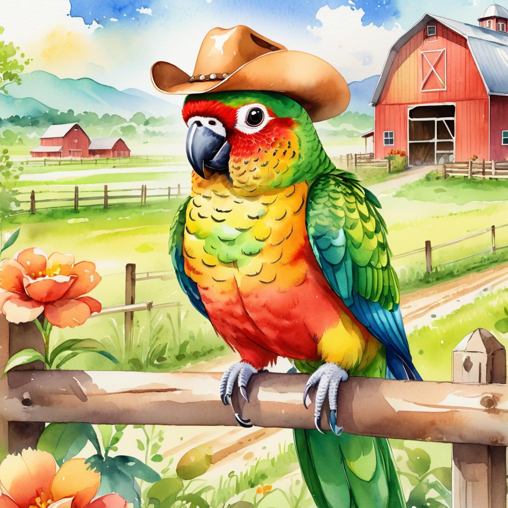 watercolor painting of conure bird as a cowboy wearing a hat, in the midwest countryside, on a farm.