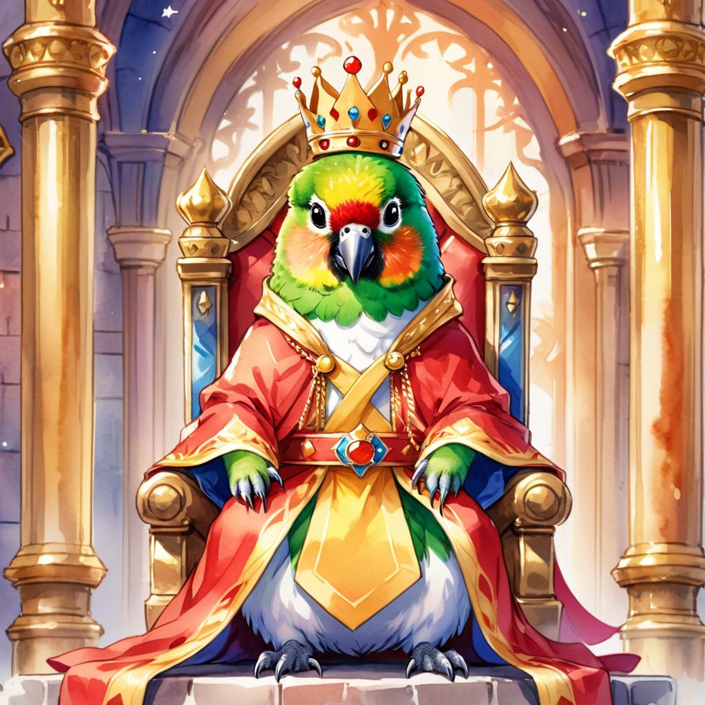 watercolor painting of conure bird as a king in a magical castle, wearing a crown and robe, seated on a throne.