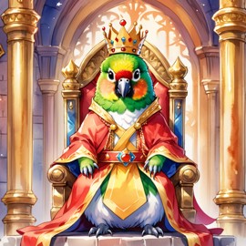 watercolor painting of conure bird as a king in a magical castle, wearing a crown and robe, seated on a throne.