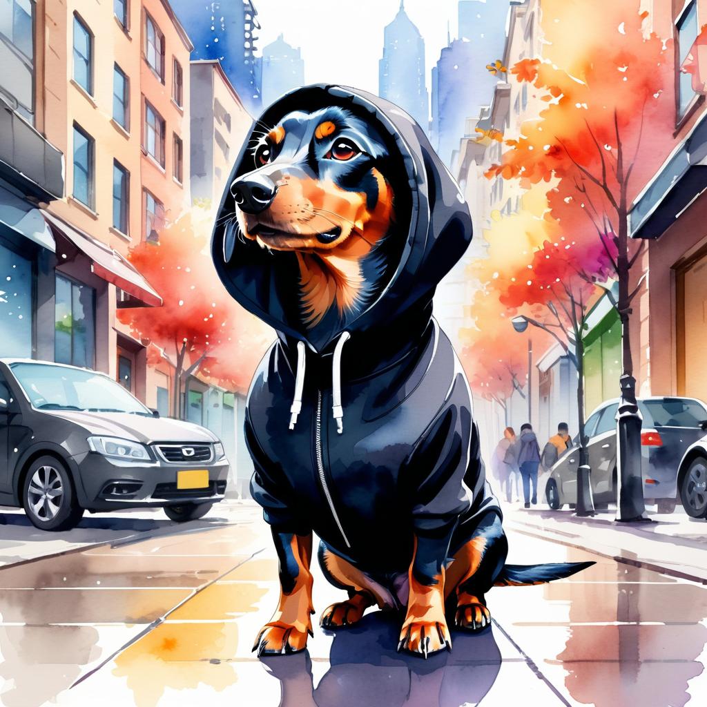 watercolor painting of dachshund in a black hoodie, showcasing a vibrant urban environment with a cute and happy appearance.