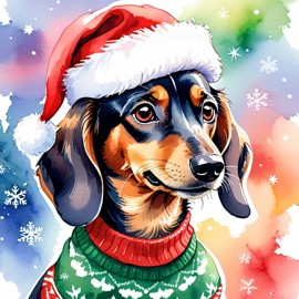 watercolor painting of dachshund in a christmas sweater and santa hat, festive and vibrant.