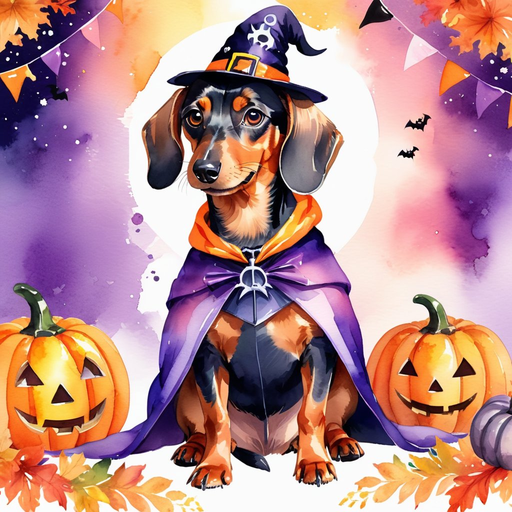 watercolor illustration of dachshund in a halloween costume with a vibrant and festive atmosphere surrounded by pumpkins.