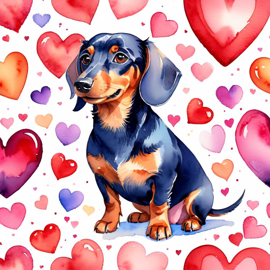 watercolor painting of dachshund with hearts, capturing a lovely, cute, and happy expression in vibrant, detailed style.