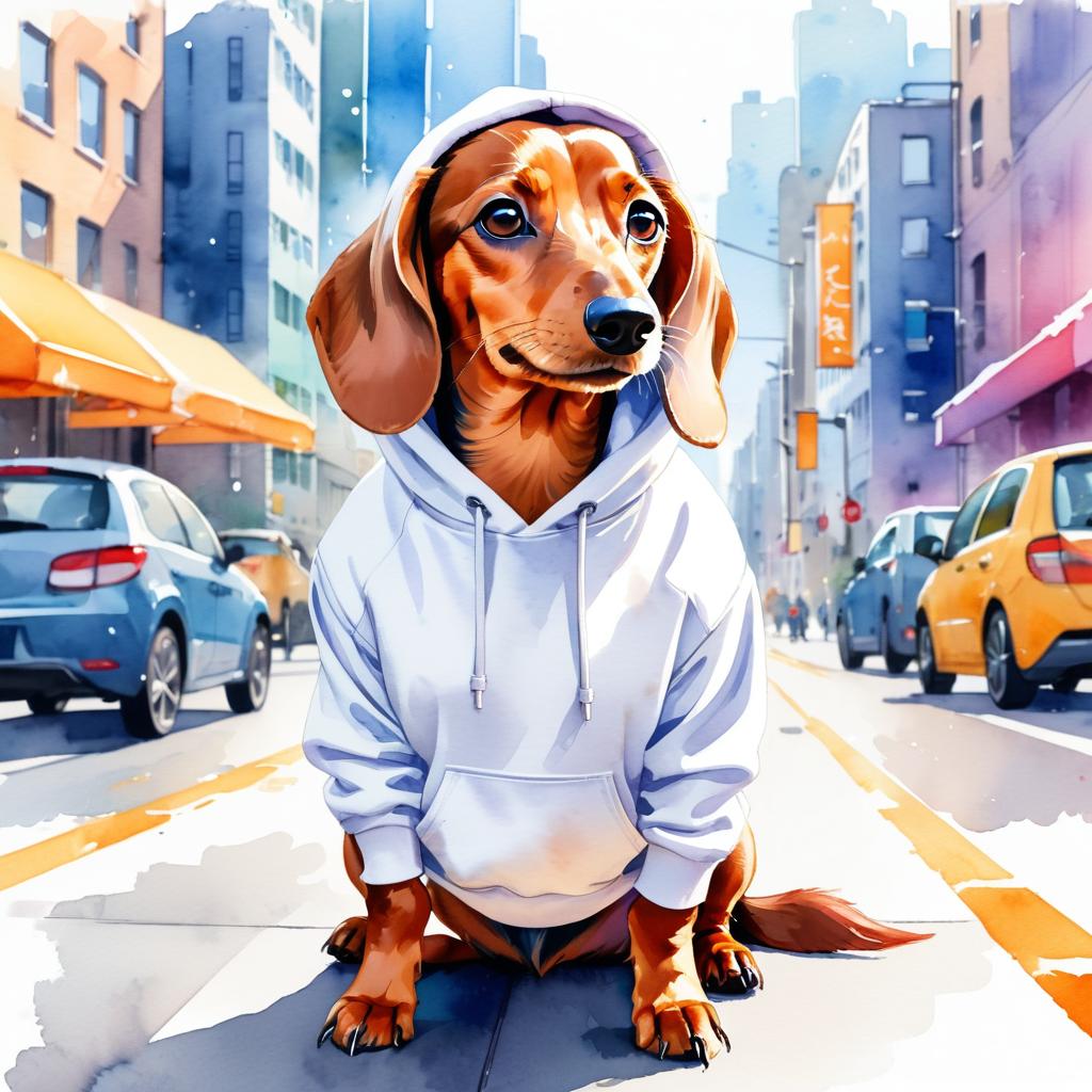 watercolor painting of dachshund in a white hoodie, featuring a vibrant and detailed urban scene with a happy and cute look.