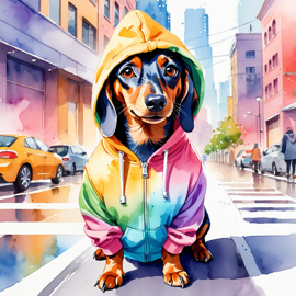 watercolor painting of dachshund in a colorful hoodie, set in a vibrant urban setting, capturing a detailed and happy mood.