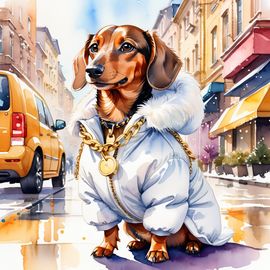 watercolor painting of dachshund in a white puffer coat with golden hip hop chains, set in a posh urban environment.