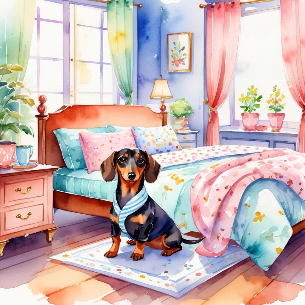 watercolor illustration of dachshund in cute pyjamas, relaxing in a posh bedroom, capturing a vibrant and happy scene.