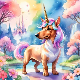 watercolor painting of dachshund as a unicorn in a vibrant fairytale setting, capturing a cute and happy scene with detailed illustration.