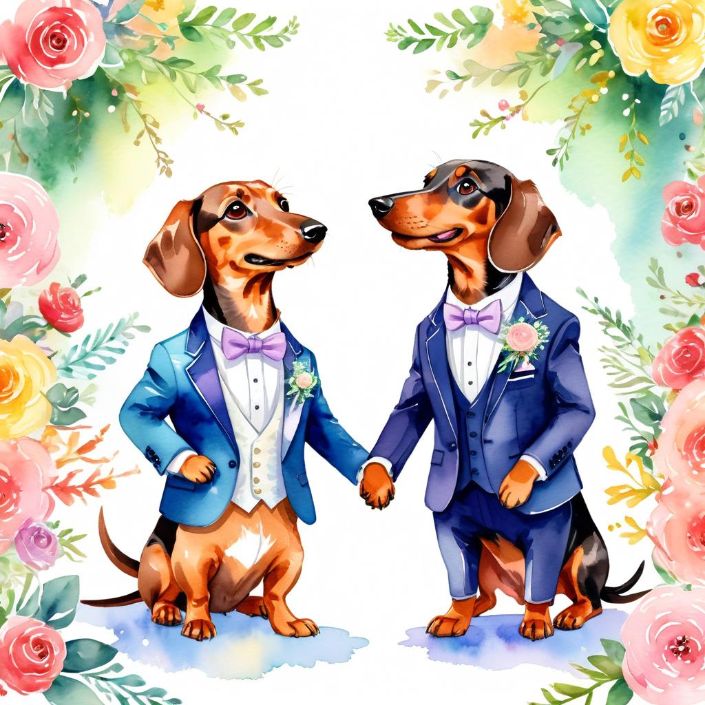 watercolor painting of dachshund at a wedding in a beautiful wedding suit, looking cute and happy in a vibrant, detailed style.