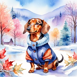 watercolor painting of dachshund in a beautiful winter scene, wearing stylish winter clothing, looking cute and happy.