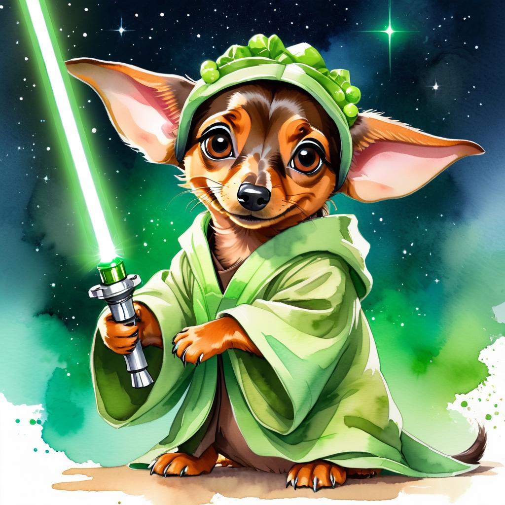 watercolor painting of dachshund as yoda from star wars, holding a green lightsaber in a cinematic star wars scene.