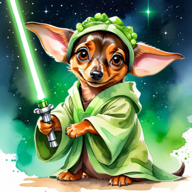 watercolor-dachshund-yoda-lightsaber-starwars-5520c33925324193b069002aece176ec