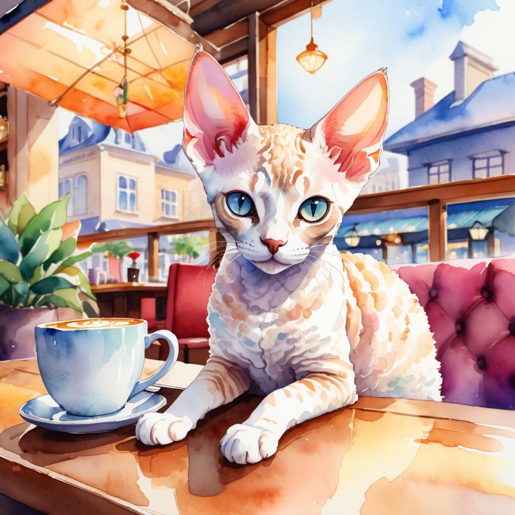 watercolor painting of devon rex cat sitting in a cozy coffee shop, vibrant and detailed.