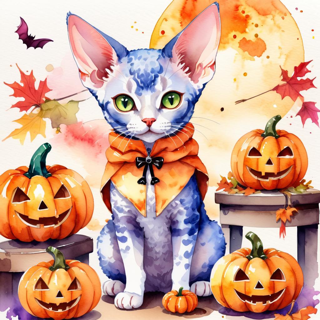 watercolor illustration of devon rex cat in a halloween costume with a vibrant and festive atmosphere surrounded by pumpkins.