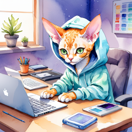 watercolor illustration of devon rex cat as a programmer, working on a laptop in a hoodie, capturing a cute and vibrant scene.