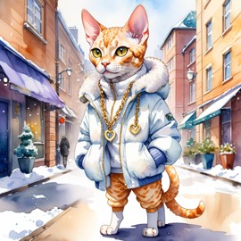 watercolor painting of devon rex cat in a white puffer coat with golden hip hop chains, set in a posh urban environment.