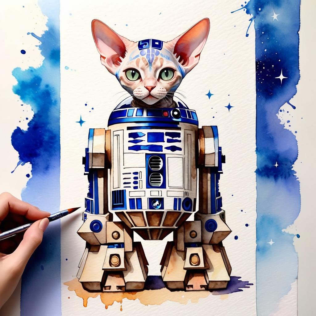 watercolor painting of devon rex cat as r2d2 from star wars, dressed as r2d2 in a vibrant star wars scene.