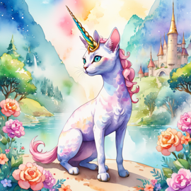 watercolor painting of devon rex cat as a unicorn in a vibrant fairytale setting, capturing a cute and happy scene with detailed illustration.