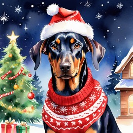 watercolor painting of doberman pinscher in a christmas sweater and santa hat, festive and vibrant.