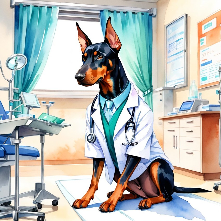 watercolor painting of doberman pinscher as a doctor in a hospital, vibrant and highly detailed, in a studio anime style.