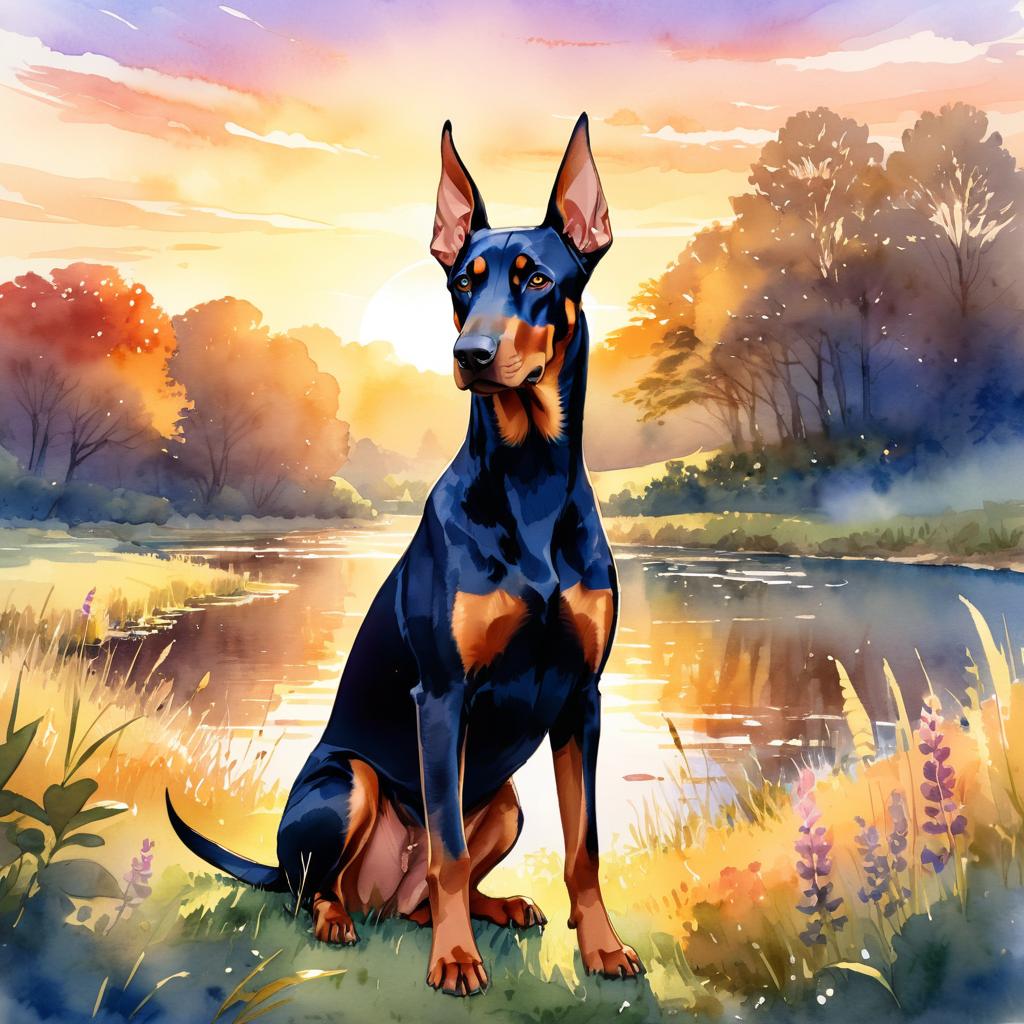 watercolor painting of doberman pinscher in golden hour light, showcasing vibrant colors and a happy nature scene in a highly detailed illustration.