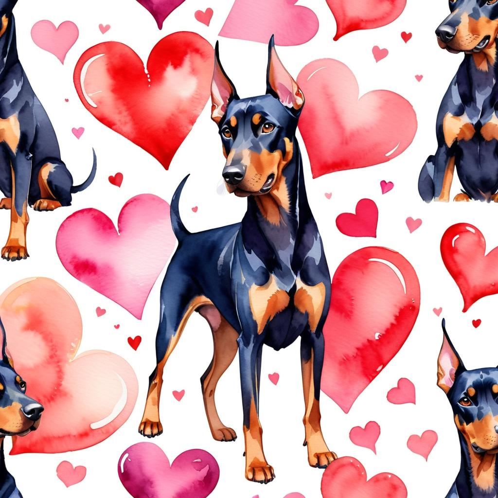 watercolor painting of doberman pinscher with hearts, capturing a lovely, cute, and happy expression in vibrant, detailed style.