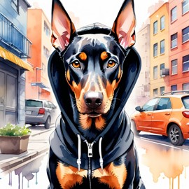 watercolor painting of doberman pinscher in a black hoodie, showcasing a vibrant urban environment with a cute and happy appearance.