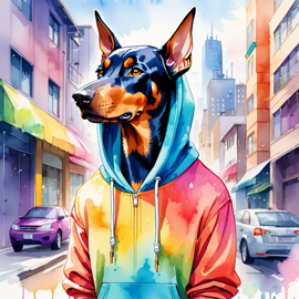 watercolor painting of doberman pinscher in a colorful hoodie, set in a vibrant urban setting, capturing a detailed and happy mood.