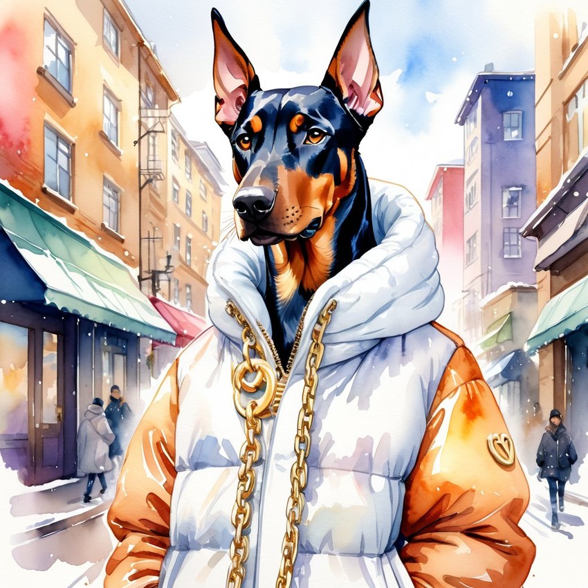 watercolor painting of doberman pinscher in a white puffer coat with golden hip hop chains, set in a posh urban environment.