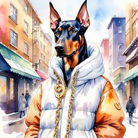 watercolor-doberman-pinscher-puffer-coat-golden-chains-urban-1dcc32b37802447795f77e529087b608