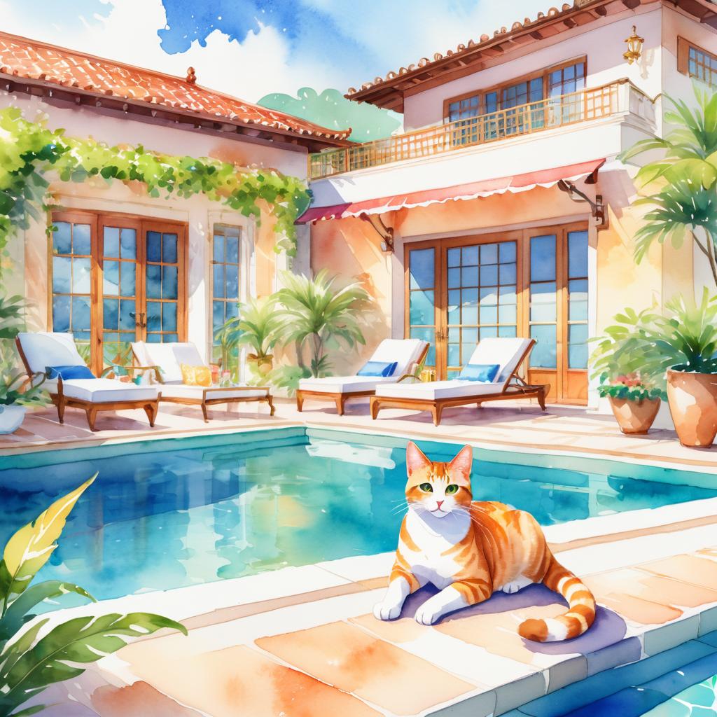 watercolor illustration of domestic shorthair cat suntanning next to a luxurious villa pool, capturing a posh and vibrant scene.